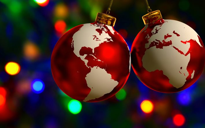 World map, red Christmas balls, New Year, backgrounds with Christmas balls, world map concepts, Christmas