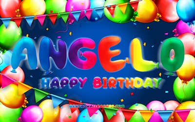 Buon compleanno Angelo, 4k, cornice palloncino colorato, nome Angelo, sfondo blu, buon compleanno Angelo, compleanno Angelo, nomi maschili americani popolari, concetto di compleanno, Angelo