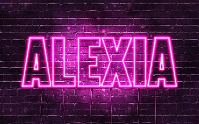 Alexia, 4k, fonds d&#39;&#233;cran avec noms, noms f&#233;minins, nom Alexia, n&#233;ons violets, joyeux anniversaire Alexia, noms f&#233;minins espagnols populaires, photo avec le nom Alexia