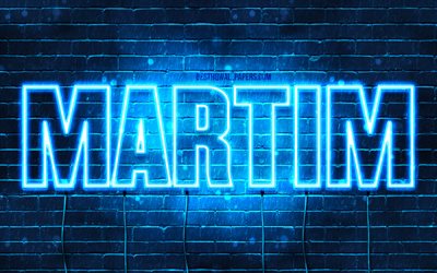 Martim, 4k, fonds d&#39;&#233;cran avec des noms, nom de Martim, n&#233;ons bleus, joyeux anniversaire Martim, noms masculins portugais populaires, photo avec le nom de Martim