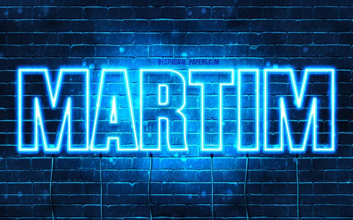 Martim, 4k, bakgrundsbilder med namn, Martim-namn, bl&#229; neonljus, Grattis p&#229; f&#246;delsedagen Martim, popul&#228;ra portugisiska manliga namn, bild med Martim-namn