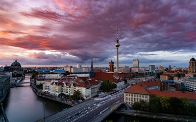 berlin, fernsehturm berlin, abend, sonnenuntergang, berliner stadtbild, berliner fernsehturm, deutschland, berliner panorama
