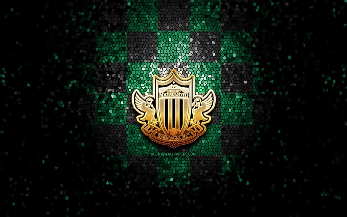 Matsumoto Yamaga FC, logo glitter, J1 League, sfondo verde nero a scacchi, calcio, squadra di calcio giapponese, logo Matsumoto Yamaga, arte del mosaico, Matsumoto Yamaga