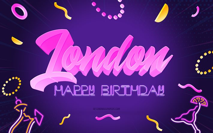 お誕生日おめでとうロンドン, 4k, 紫のパーティーの背景, ロンドン, ロンドンの誕生日おめでとう, ロンドンの名前, ロンドンの誕生日