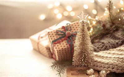 goldener weihnachtsbaum, weihnachtsgeschenke, frohes neues jahr, weihnachtshintergrund, weihnachtsdekorationen, kistengeschenke