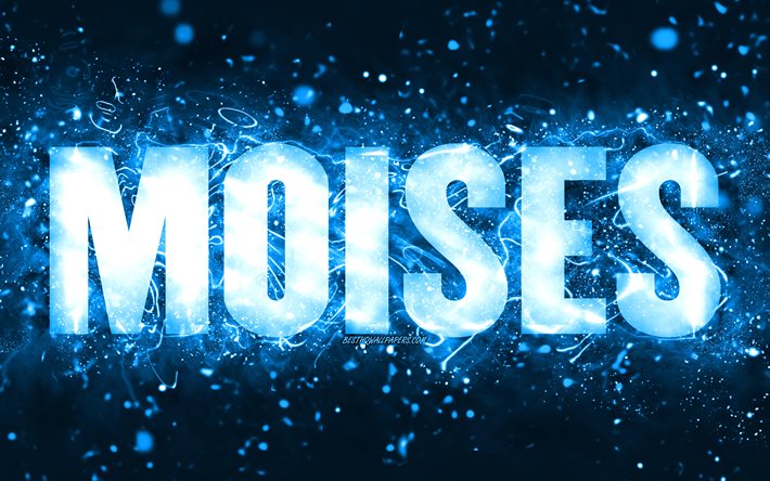 Buon Compleanno Moises, 4k, luci al neon blu, nome Moises, creativo, Moises Buon Compleanno, Compleanno Moises, nomi maschili americani popolari, foto con nome Moises, Moises