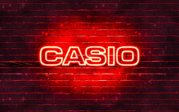 Casio red logo, 4k, red brickwall, Casio logo, brands, Casio neon logo, Casio