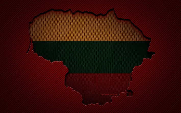 Mappa della Lituania, 4k, paesi europei, bandiera lituana, sfondo rosso carbonio, sagoma della mappa della Lituania, bandiera della Lituania, Europa, mappa lituana, Lituania