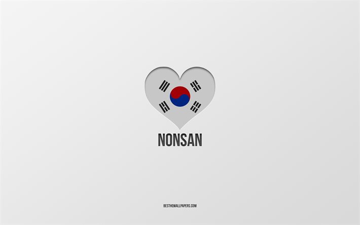 J&#39;aime Nonsan, villes sud-cor&#233;ennes, Jour de Nonsan, fond gris, Nonsan, Cor&#233;e du Sud, coeur de drapeau sud-cor&#233;en, villes pr&#233;f&#233;r&#233;es, Love Nonsan