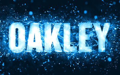 Feliz anivers&#225;rio Oakley, 4k, luzes de n&#233;on azuis, nome Oakley, criativo, feliz anivers&#225;rio Oakley, anivers&#225;rio Oakley, nomes masculinos americanos populares, foto com nome Oakley, Oakley