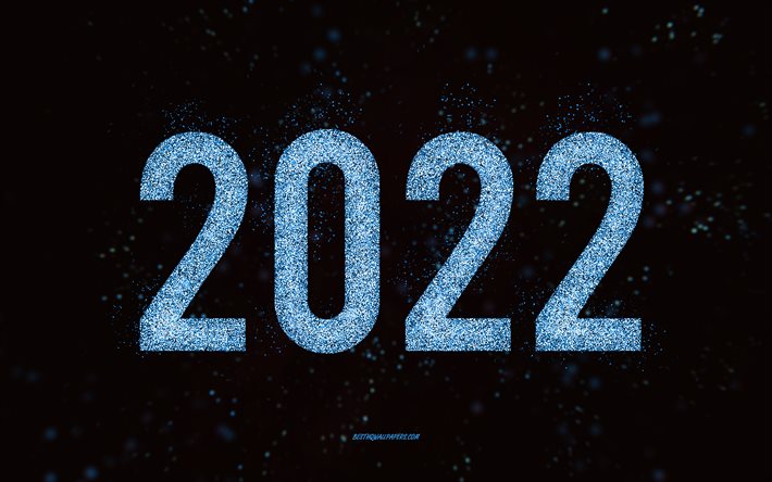 Happy New Year 2022, light blue glitter art, 2022 New Year, 2022 light blue glitter background, 2022 concepts, black background, 2022 greeting card