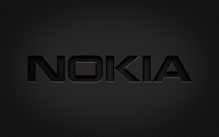 Logo Nokia in carbonio, 4k, grunge, sfondo in carbonio, creativo, logo nero Nokia, marchi, logo Nokia, Nokia