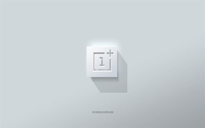 OnePlus logosu, beyaz arka plan, OnePlus 3d logosu, 3d sanat, OnePlus, 3d OnePlus amblemi