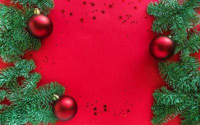 Red Christmas background, red Christmas balls, Christmas frame, Happy New Year, red background, Christmas decorations