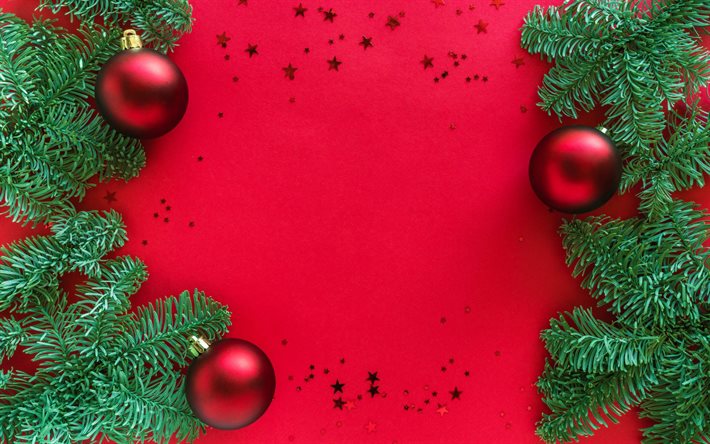 Fundo vermelho de Natal, bolas vermelhas de Natal, moldura de Natal, Feliz Ano Novo, fundo vermelho, decora&#231;&#245;es de Natal