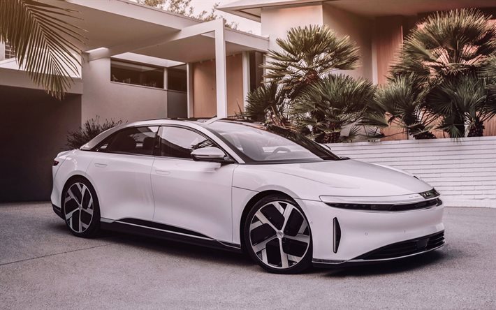 Lucid Air, 2021, &#214;nden G&#246;r&#252;n&#252;m, Dış Mekan, Elektrikli Araba, Lucid Electric Gelişmiş Platform, Yeni Beyaz Lucid Air, Lucid