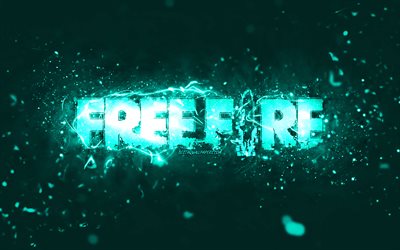 Garena Free Fire turkuaz logosu, 4k, turkuaz neon ışıkları, yaratıcı, turkuaz soyut arka plan, Garena Free Fire logosu, &#231;evrimi&#231;i oyunlar, Free Fire logosu, Garena Free Fire