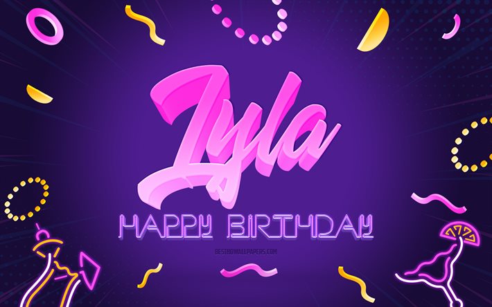 誕生日おめでとう, 4k, 紫のパーティーの背景, ライラ, クリエイティブアート, リラお誕生日おめでとう, ライラの名前, ライラの誕生日, 誕生日パーティーの背景