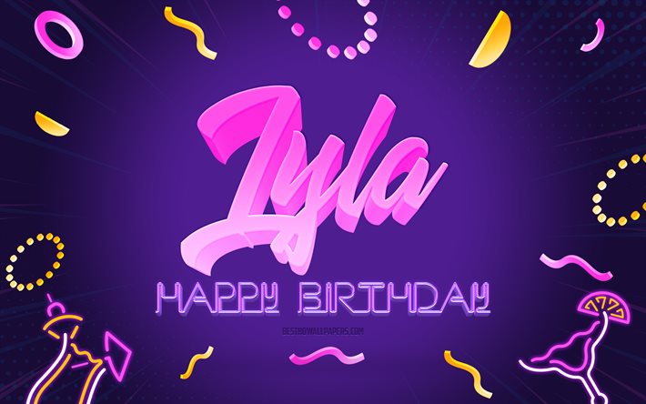 Hyv&#228;&#228; syntym&#228;p&#228;iv&#228;&#228; Lyla, 4k, Purple Party tausta, Lyla, luova taide, Hyv&#228;&#228; Lylan syntym&#228;p&#228;iv&#228;&#228;, Lyla nimi, Lyla Syntym&#228;p&#228;iv&#228;, Syntym&#228;p&#228;iv&#228;juhla tausta