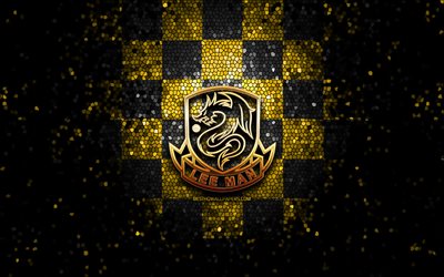 Lee Man FC, logo paillet&#233;, Hong Kong Premier League, fond &#224; carreaux noir jaune, football, club de football de Hong Kong, logo Lee Man FC, art de la mosa&#239;que, Lee Man Warriors
