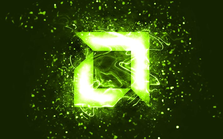 AMD lime logo, 4k, lime neon lights, creative, lime abstract background, AMD logo, brands, AMD