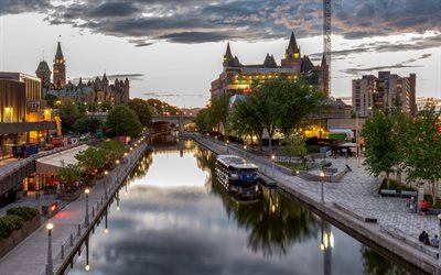 Ottawa, 4k, evening, sunset, buildings, steamboat, Canadian city, Ottawa cityscape, Canada