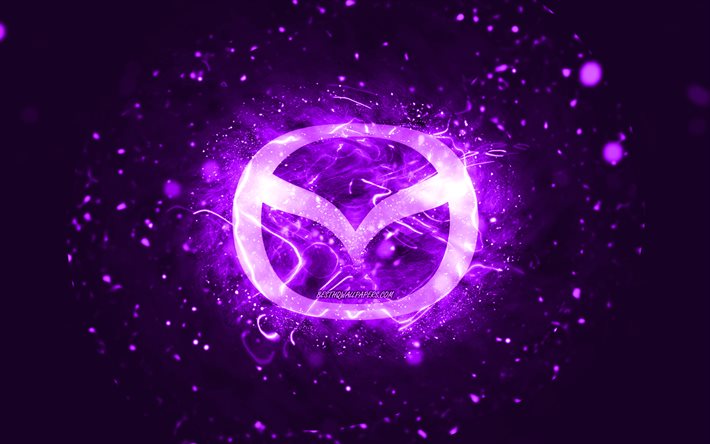 Mazda violetti logo, 4k, violetti neon valot, luova, violetti abstrakti tausta, Mazda logo, automerkit, Mazda