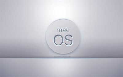 logo blanc macOS 3d, fond gris, logo macOS, art 3d créatif, macOS, emblème 3d