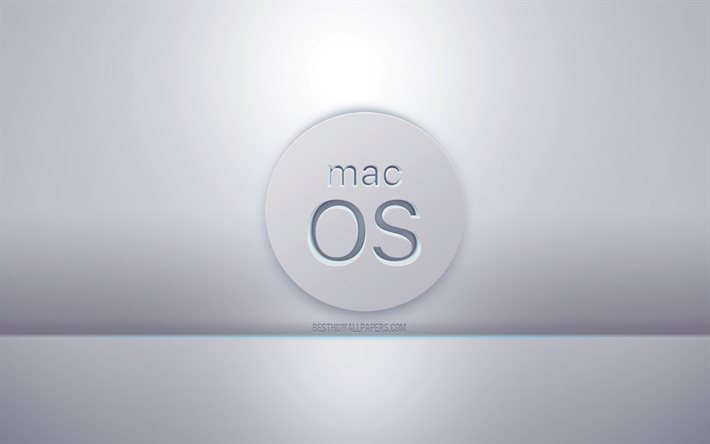 logo blanc macOS 3d, fond gris, logo macOS, art 3d cr&#233;atif, macOS, embl&#232;me 3d
