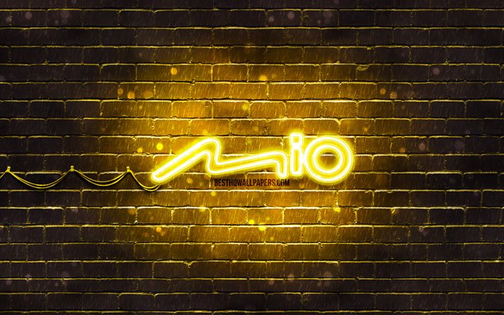 Mio keltainen logo, 4k, keltainen tiilisein&#228;, Mio logo, tuotemerkit, Mio neon logo, Mio