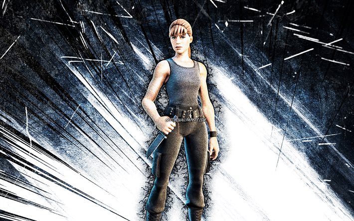 4k, Sarah Connor, grunge art, Fortnite Battle Royale, Fortnite characters, blue abstract rays, Sarah Connor Skin, Fortnite, Sarah Connor Fortnite