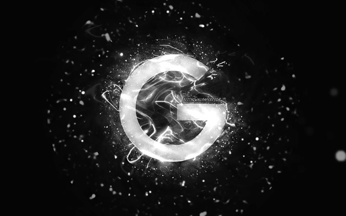 Googles vit logotyp, 4k, vita neonljus, kreativ, svart abstrakt bakgrund, Googles logotyp, varum&#228;rken, Google