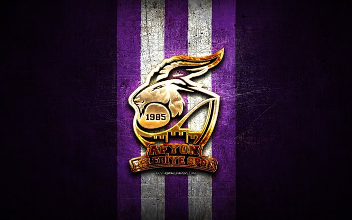 Afyon Belediye SK, golden logo, Basketbol Super Ligi, violet metal background, turkish basketball team, Afyon Belediye SK logo, basketball
