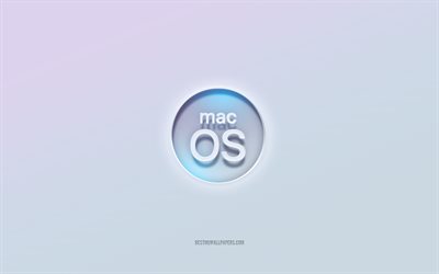 macOS logosu, 3d metni kesip, beyaz arka plan, macOS 3d logosu, macOS amblemi, macOS, kabartmalı logo, macOS 3d amblemi
