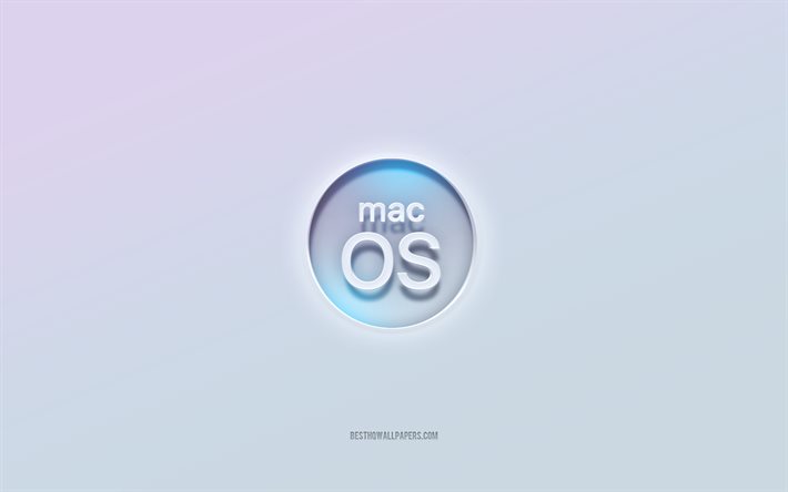 macOS logo, cut out 3d text, white background, macOS 3d logo, macOS emblem, macOS, embossed logo, macOS 3d emblem
