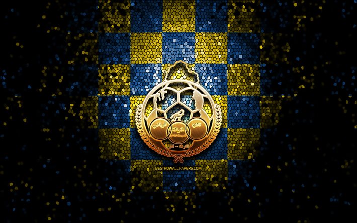 Al-Gharafa SC, logo paillet&#233;, QSL, fond &#224; carreaux bleu jaune, football, club de football qatari, logo Al-Gharafa, art en mosa&#239;que, Al-Gharafa FC