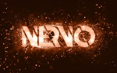 Logo marron Nervo, 4k, DJ australiens, néons marron, Olivia Nervo, Miriam Nervo, fond abstrait marron, Nick van de Wall, logo Nervo, stars de la musique, Nervo