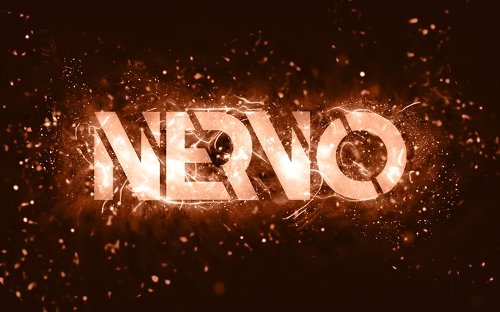 Nervo logo marrone, 4k, DJ australiani, luci al neon marroni, Olivia Nervo, Miriam Nervo, sfondo marrone astratto, Nick van de Wall, logo Nervo, stelle della musica, Nervo