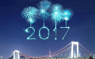 New Year, 2017, fireworks, 2017 Year, blue fireworks, bridge