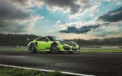 Porsche 911 Turbo GTstreet R, raceway, 2016 cars, TechArt, tuning, movement, sportcars, green Porsche