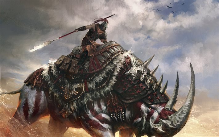 Warrior, 4k, rhinoceros, Age of Conan