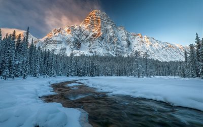 le matin, montagne, paysage, rivi&#232;re, neige, hiver, rock