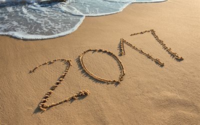 2017, New Year, beach, 2017 digits, sand, wave, sea