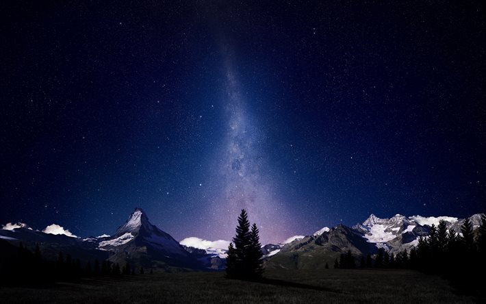 Swiss Alps, milky way, night, stars, mountains
