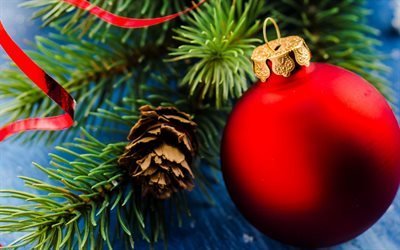 weihnachten, rote kugeln, zapfen, neujahr, weihnachten dekorationen