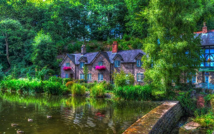 England, street, Lymm, pond, house, summer, HDR, UK