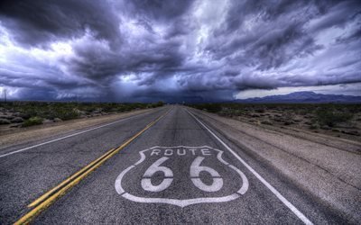 La ruta 66, nubes, Kansas, carretera, HDR, Am&#233;rica, estados UNIDOS