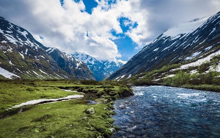 mountain river, mountain landscape, rocks, river, mountains, clouds, sky, Norway