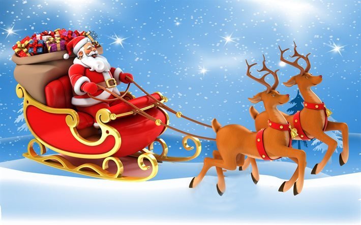 Santa Claus, trineo, reno, Navidad, Invierno, A&#241;o Nuevo, Nieve