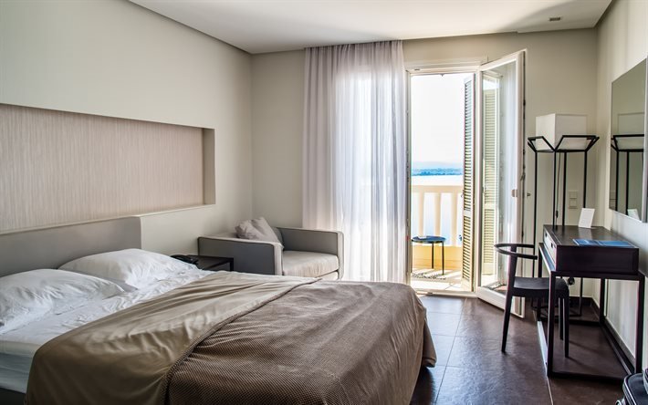 Yatak odası, otel, modern yatak odası tasarımı, yatak, kahverengi tonları